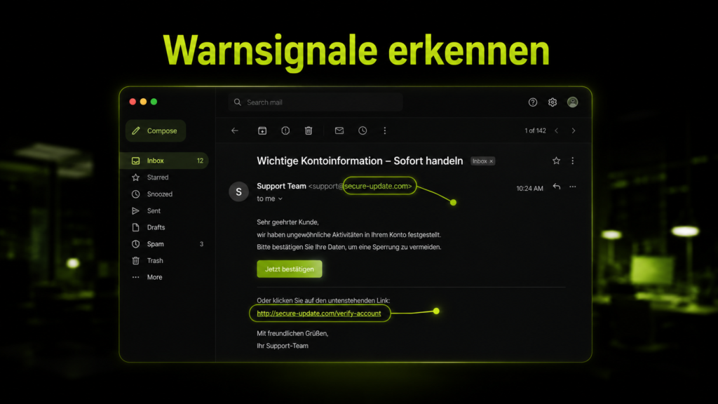 Beispiel Phishing-Mail mit markierten Warnsignalen